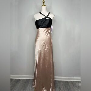 Vintage NWT Adrianna Papell Champagne Black Asymmetrical Neckline Gown Dress